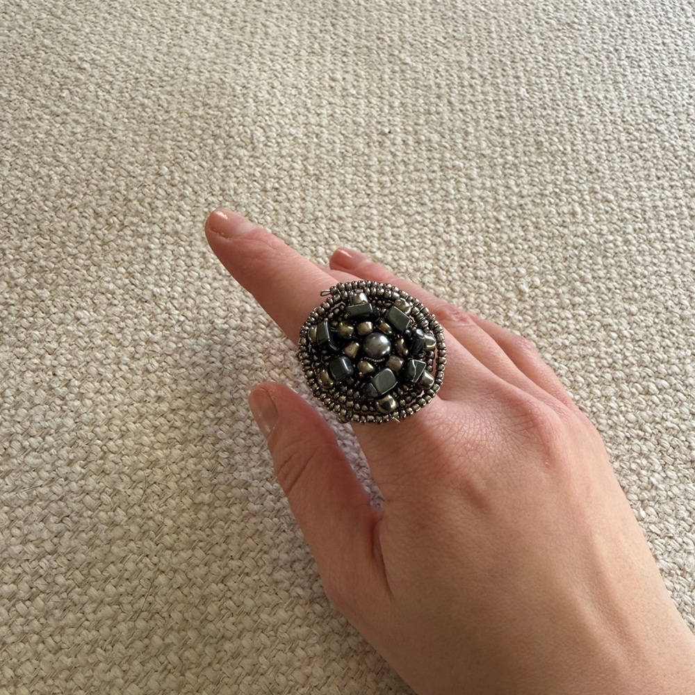 Beaded Statement Silver Metallic Ring - image 2